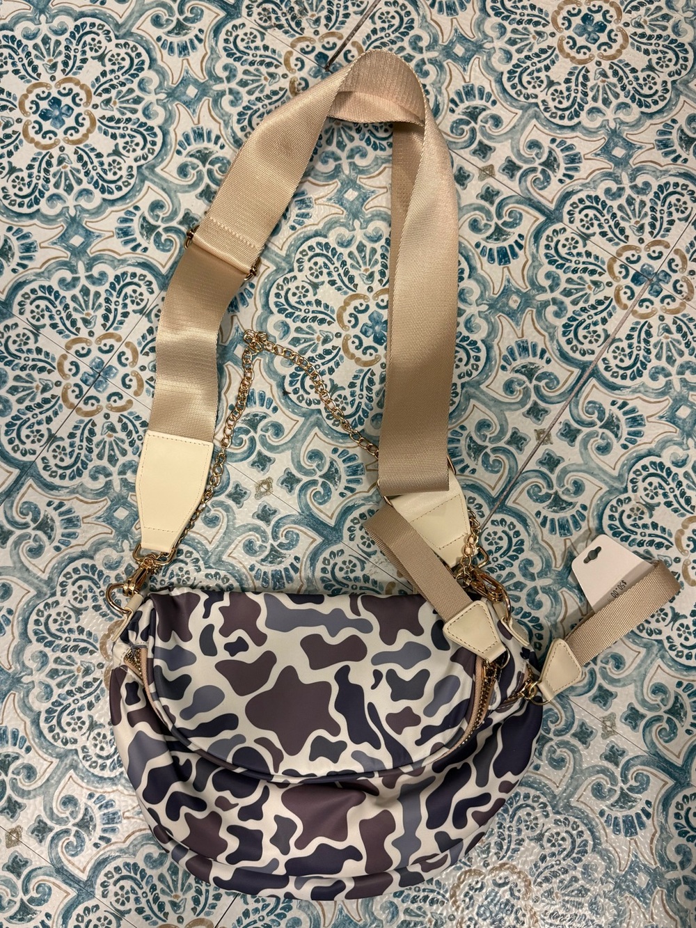 Neutral Pattern Crossbody Bag with Adjustable Strap